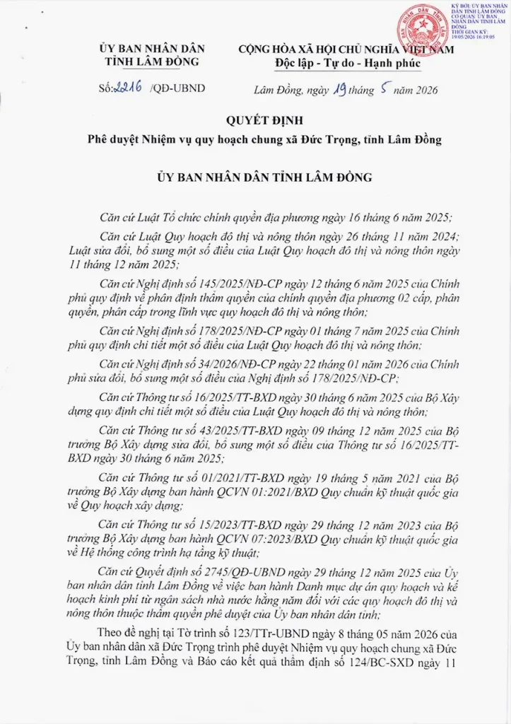 Quyết định số 2216 phê duyệt nhiệm vụ quy hoạch chung xã Đức Trọng, trở thành trung tâm hành chính mới của tỉnh Lâm Đồng