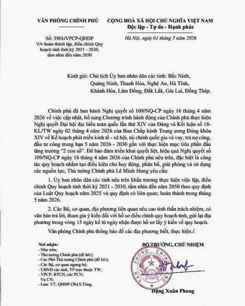 Thủ tướng chỉ đạo 10 tỉnh phải hoàn thành Quy hoạch tỉnh 2021-2030 trong tháng 5/2026