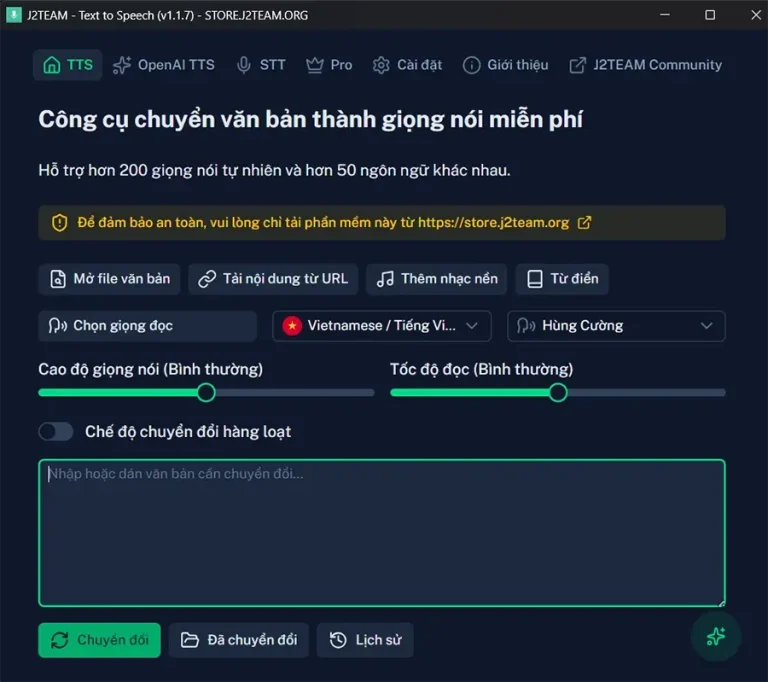 Phần mềm chuyển đổi văn bản thành giọng nói miễn phí J2TEAM Text to Speech