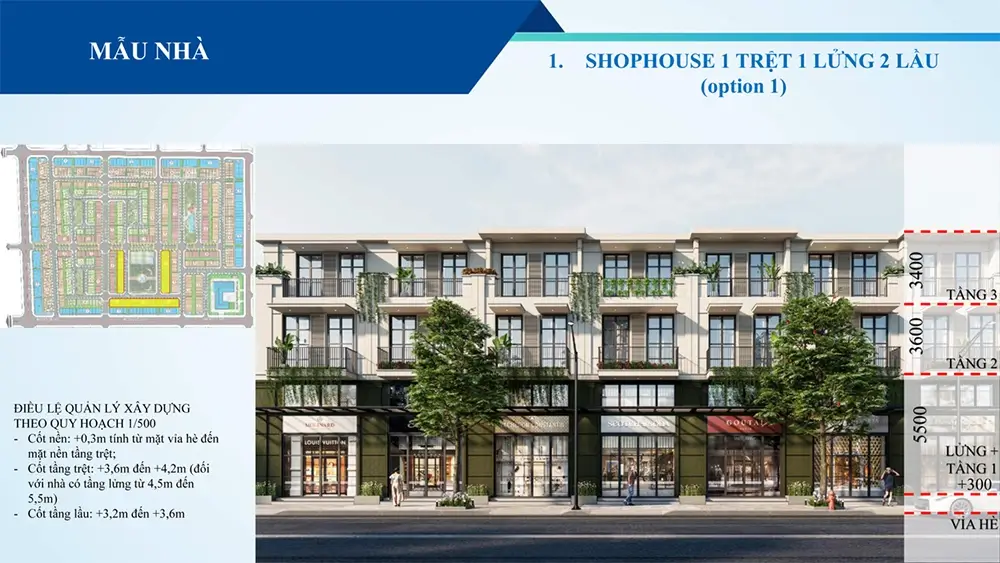 Mẫu nhà phố shophouse 1 trệt, 1luwngr, 2 lầu (Green City Becamex)