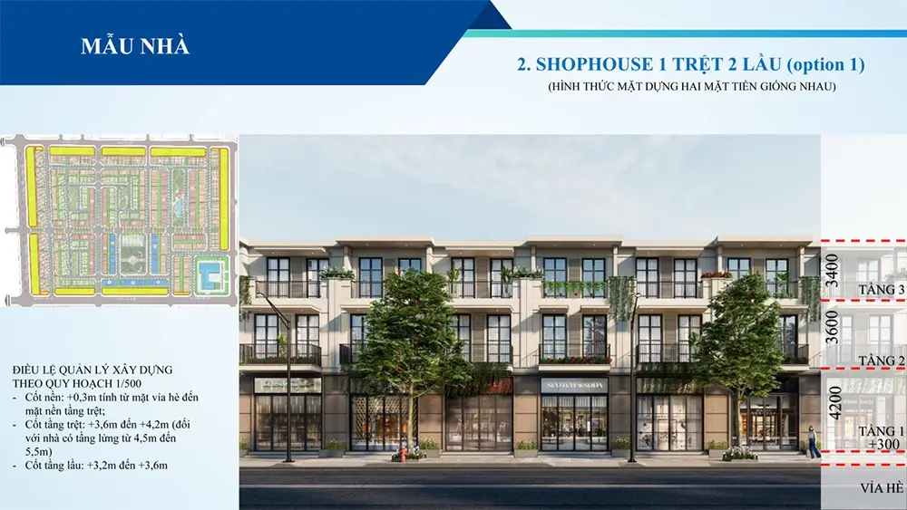 Mẫu nhà phố shophouse 1 trệt, 2 lầu (Green City Becamex)