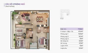 Mặt bằng bố trí căn hộ loại 3 phòng ngủ - CH Nam Mekong Grand Plaza