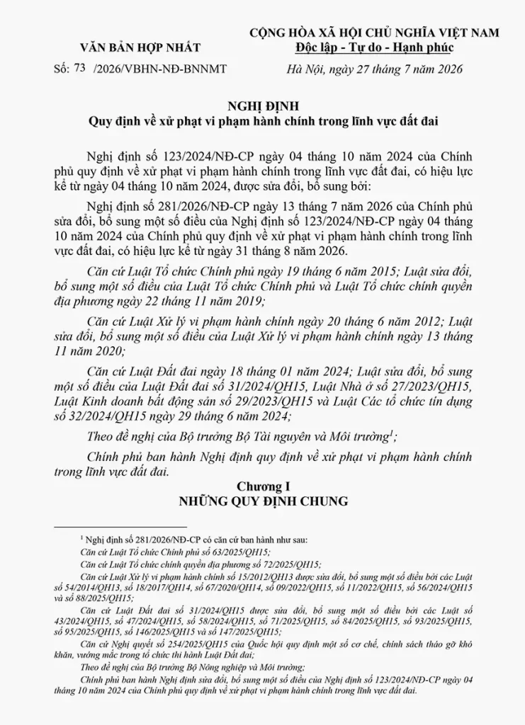 Văn bản hợp nhất 73/2026/VBHN-NĐ-BNNMT Quy định xử phạt vi phạm hành chính lĩnh vực đất đai